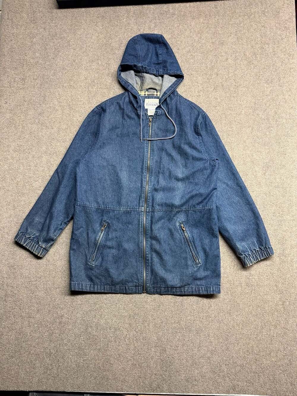 Basic Editions Denim Hooded Jacket Size Medium Blue Plaid Lined